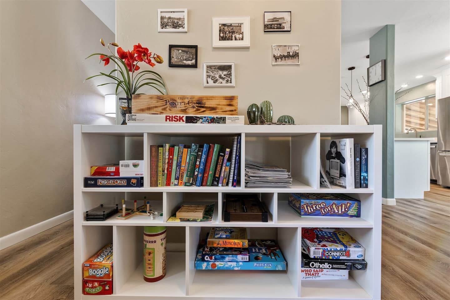 Plenty of entertainment for a fun night of activities. Behind the fireplace find a hidden nook with games, books, and more!